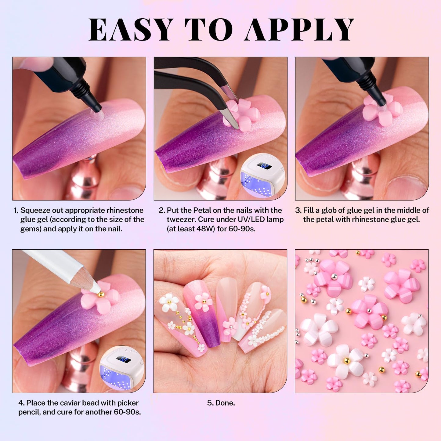 3D Flowers Manicure Gems with Nail Rhinestone Glue Gel, White Pink Acrylic Flower Charms Caviar Beads, Rhinestones for Nails Gem (UV/LED Needed) Dotting Tools