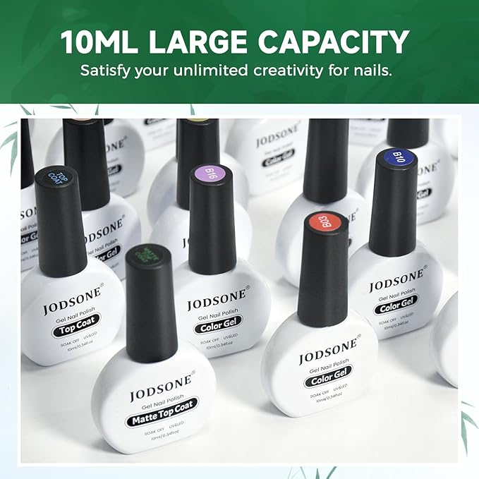 JODSONE Gel Nail Polish 20 Color Blue Red Matching Base Coat Glossy and Matte Top Coat 23 Bottles of 10ml Professional Nail Care Use