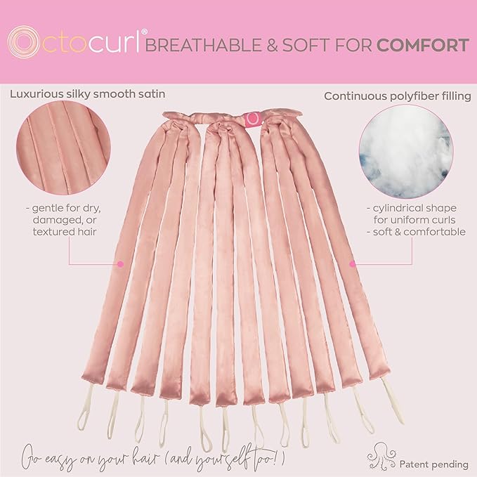 Octocurl Heatless Hair Curler - No Headband Octopus Curler - Overnight Curls for Long Hair (Satin - Pink)
