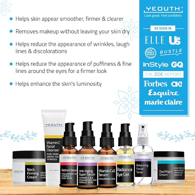 YEOUTH Skin Care Set: Retinol Serum with Hyaluronic Acid, Vitamin C & Super Face Serum, Cleanser, Toner, Eye Gel, Neck Cream, Face Cream 8-Piece Skincare Kit For Women