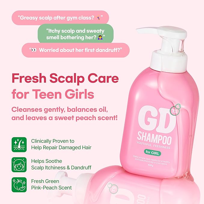 TS GD Shampoo for Girls | Korean Teen Shampoo with Upgraded Probiotics | Anti-Dandruff & Itchy Scalp Relief | Pink Peach Allergy-Free Fragrance | Sulfate-Free (13.53 fl oz, 400ml)