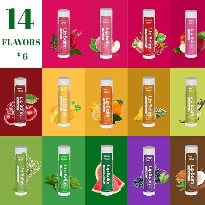 84 Pack Natural Lip Balm Bulk with Vitamin E and Coconut Oil - Moisturizing, Soothing, and Repairing Dry and Chapped Lips - 14 Flavors - Non-GMO