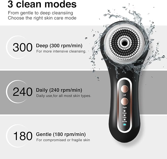 Face Scrubber Exfoliator,Facial Cleansing Brush Rechargeable IPX7 Waterproof with 5 Brush Heads,Electric Face Spin Brush for Exfoliating, Massaging and Deep Cleansing (Black Color)