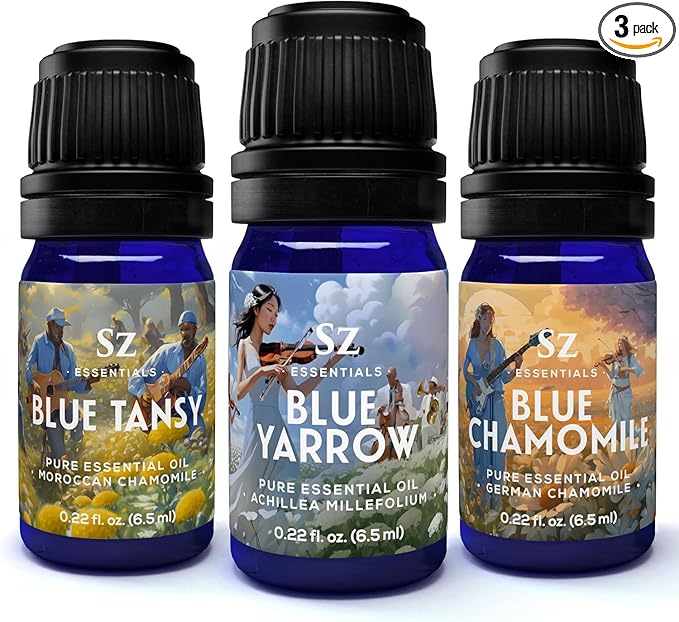 – “We Got The Blues” Essential Oils Set – Blue Tansy, Yarrow & German Chamomile – 3 x 6.5ml Bottles – 100% Pure, Natural, Undiluted – Therapeutic Grade & Vegan