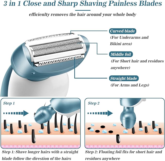 Electric Razors for Women for Legs Bikini Trimmer Electric Shaver for Women Underarm Public Hairs Rechargeable Womens Shaver Wet Dry Use Painless Cordless with Detachable Head (Blue)