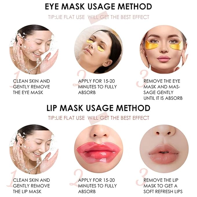 30 Pairs Lip Masks & 24K Gold Gel Eye Masks, Under Eye Collagen Patches and Crystal Gel Lip Masks Collagen Under Eye Mask for Dark Circles Puffiness and Wrinkles