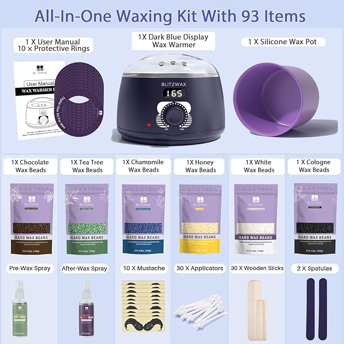 BLITZWAX Brazilian and Bikini Waxing Kit for Men, Hard Wax Warmer for Face, Legs, and Body, At Home Hair Removal Kit, Beginner Friendly, Quick Heating, 30 Nose Wax Sticks