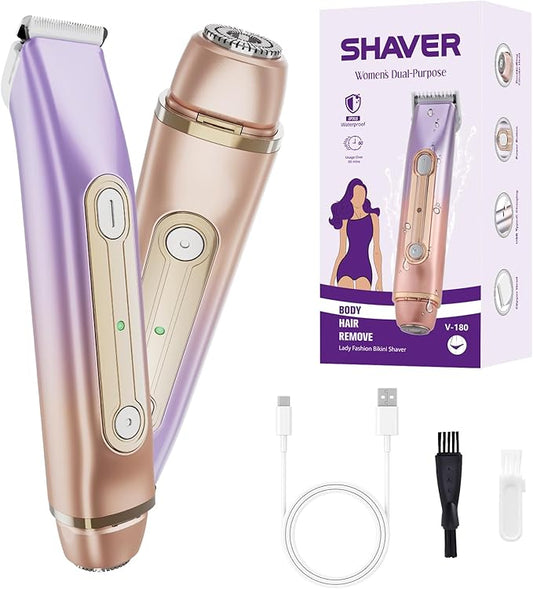 Bikini Trimmer for Women, 2-in-1 Electric Razor for Women, IPX6 Waterproof Wet & Dry Dermave Bikini Shaver, Rechargeable Pubic Hair Trimmer, Electric Shaver for Legs Body Face Hair