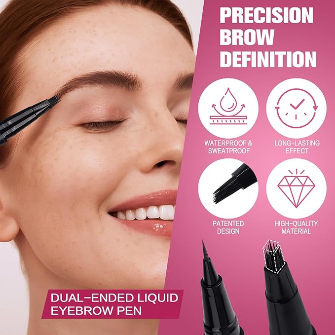 Dual Ended Microblading Eyebrow Pen - 2 in 1 Liquid Eyebrow Pencil with Brow-Fection Angled Brush & Precise Detail Brush-Tip, Shapes & Fills Hair-Like Looking Brows, Lasts All-Day, Dark Brown