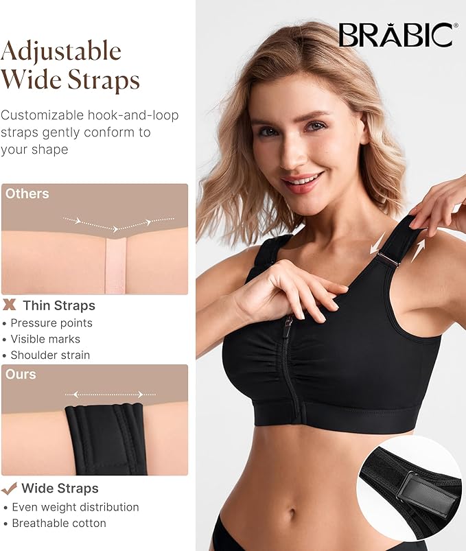 BRABIC Zip Front Closure Everyday Bra for Women Post Surgery Compression Support with Adjustable Straps Wirefree