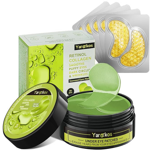 60 Pcs Green Under Eye Patches with 5 Pieces Travel 24K Gold Eye Mask, 30 Pairs Undereye Mask for Dark Circles Puffy Eye Treatment, Collagen Gel Pads Hydrating for Eye Bag Puffiness Wrinkle