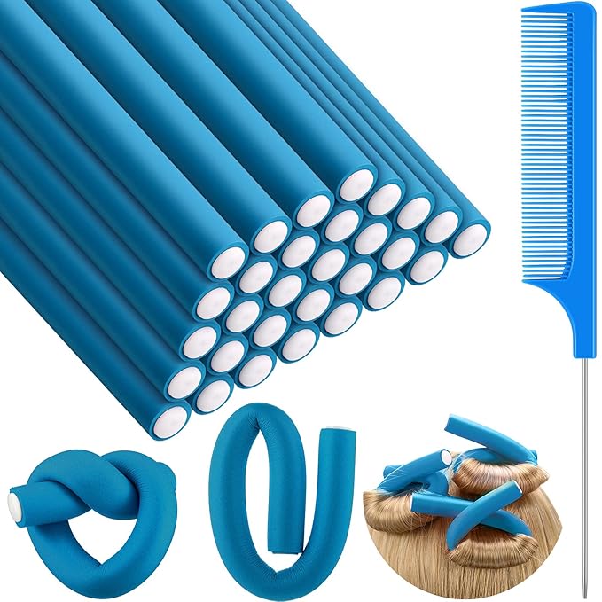 Syhood 30 Pieces Flexible Curling Rods Twist Hair Rollers Soft Foam Rods No Heat and 1 Pcs Steel Rat Tail Comb for Women Long and Short Hair(7 x 0.7 Inch,Blue)