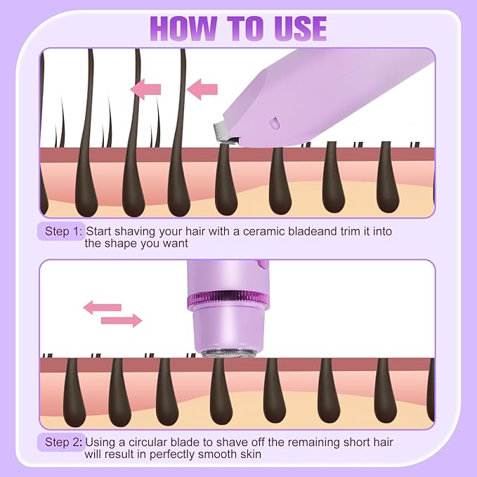 Bikini Trimmer for Women Electric Razors for Women Women's Electric Razor 2 in 1 Shaver Pubic Hair Trimmer Ipx7 Waterproof Wet Dry Use Bikini Shaver for Ladies Pubic, Legs, Face, Underarms (Purple)