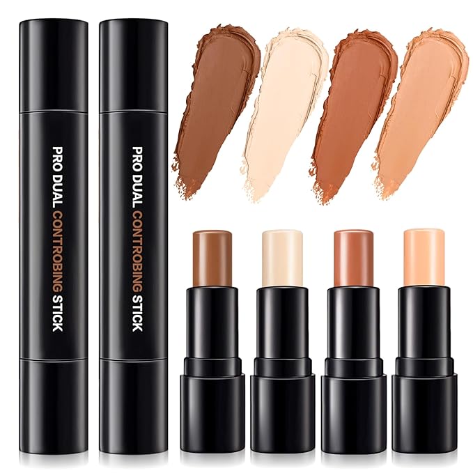 4 Colors Cream Contour, Stick Palette, Contouring Concealer, Stick Primer, Face Makeup Kit for Beginners, Cream Concealer and Highlight Stick(#1+3)