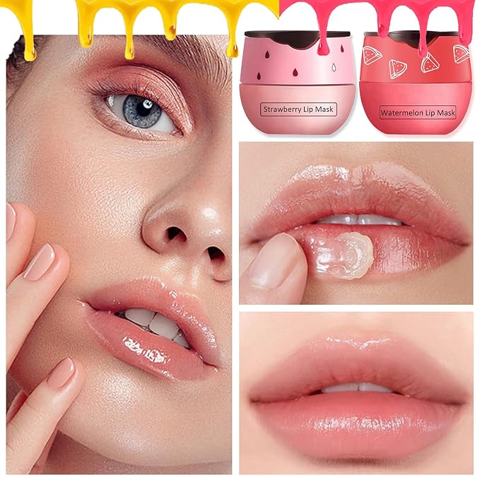 3 PCS Bee Lip Balm Lip Mask Honey Pot,Honey & Strawberry & Watermelon Lip Sleeping Mask,Moisturizing Lip Mask Overnight Prevention Dry and Cracked Lip Scrubs Exfoliator Lip Care