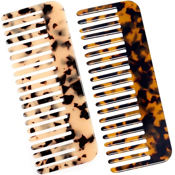 Fsmiling Wide Tooth Comb Large Detangling Comb Cellulose Detangler Comb for Women Thick Curly Wavy Wet Dry Hair 2 Pack,Tortoise shell