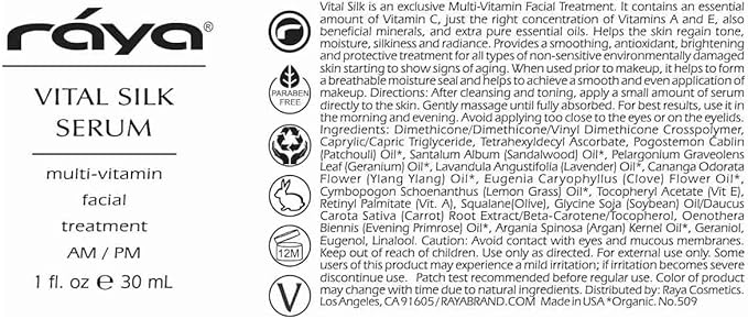 RAYA Vital Silk Serum (509) | Multi-Vitamin Facial Treatment for All Non-Sensitive Skin Beginning to show signs of Age | Softens and Smooths Complexion | Protects From Environmental Damage