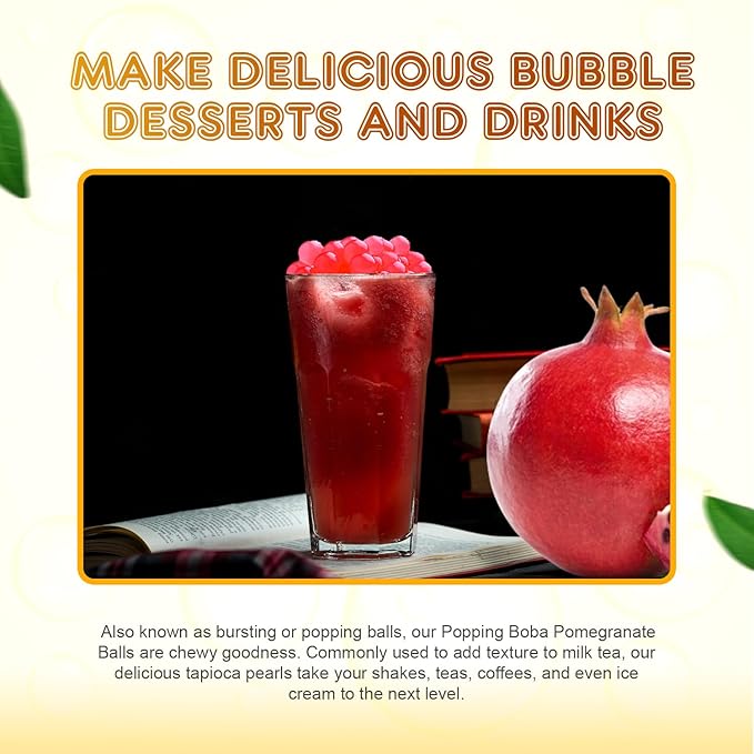 Fanale Pomegranate Popping Boba Pearls, Vegan, Non GMO, Gluten Free, Fat Free, Perfect for Bubble Tea, Smoothies, Ice Cream, Desserts, and Beverages.
