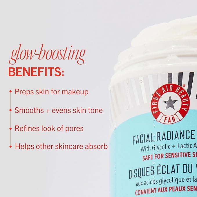 First Aid Beauty - Facial Radiance Pads with Gycloic & Lactic Acids – Daily Exfoliating Pads with AHA that Help Tone & Brighten Skin – Makeup Routine Prep - Compostable for Daily Use – 28 Count