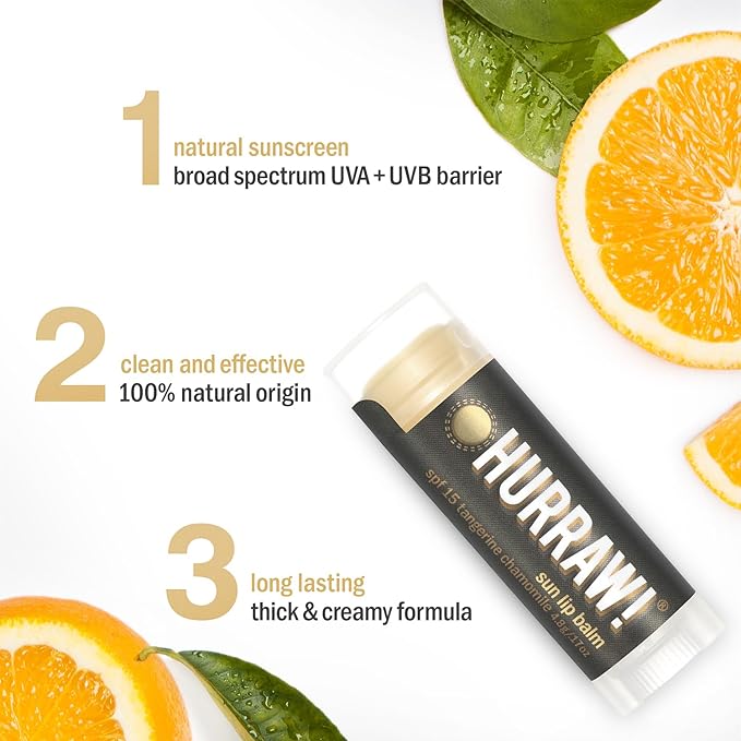 Hurraw! Sun Lip Balm (Zinc Oxide Protection, Broad Spectrum SPF 15, Tangerine, Chamomile), 3 Pack: Organic, Certified Vegan, Gluten Free. Non-GMO, All-Natural. Bee, Shea, Soy & Palm Free. Made in USA