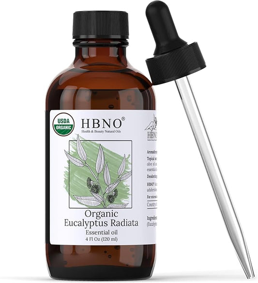 HBNO Organic Eucalyptus Radiata Essential Oil - 4 oz (120ml) - USDA Certified Organic Eucalyptus Radiata Essential Oil, Soap Making, DIY, Fragrances, Diffuser