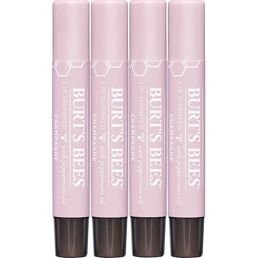 Burt's Bees Shimmer Lip Tint Set, Tinted Lip Balm Stick, Moisturizing for All Day Hydration with Natural Origin Glowy Pigmented Finish & Buildable Color, Champagne (4-Pack)