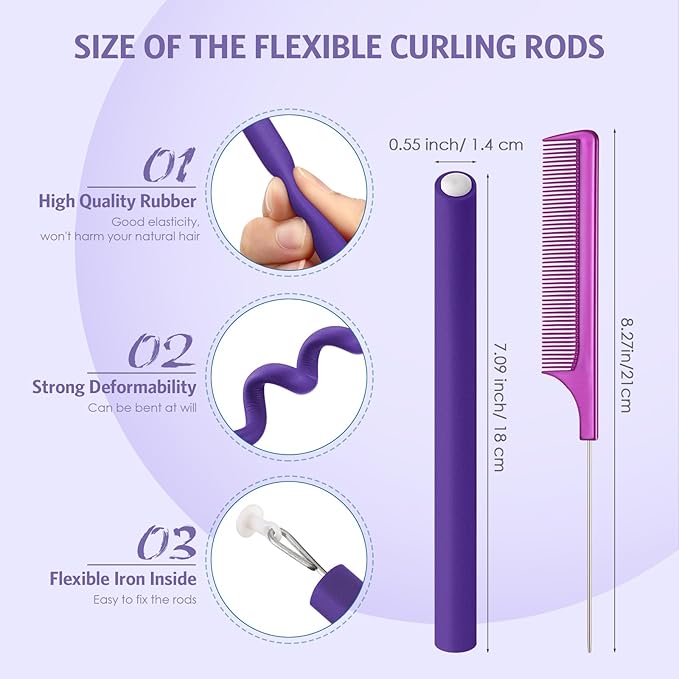Syhood 30 Pcs 7'' Flexible Curling Rods Twist Foam Hair Rollers Soft Foam No Heat Hair Rods Rollers and 1 Steel Pintail Comb Rat Tail Comb for Women Long Short Hair(Purple,7 x 0.55 Inch)