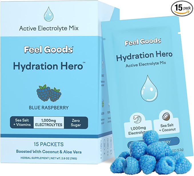 Feel Goods Hydration Hero, 1,000mg Electrolytes Powder, Sugar Free, Magnesium, Organic Aloe Vera, L Theanine, Vitamin C & B12, Keto, Vegan, Electrolyte Packets, Blue Raspberry, 15 Count