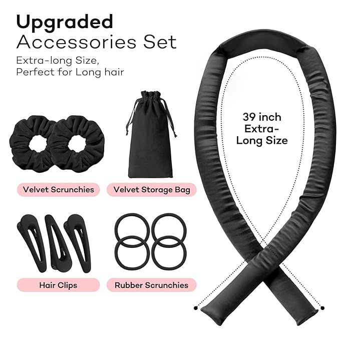 Umisleep 22 Momme 100% Mulberry Silk Heatless Hair Curler Set — Frizz-Free Hair Rollers for Women Long Hair, Overnight Heatless Curls, Upgraded Soft Flat Design with Clips & Scrunchies, Black