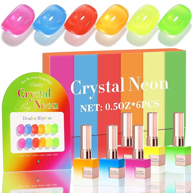 Double Rhythm 6 Pcs 15 ML Gel Polish Set Same Color Same Bottle Soak Off Gel Polish Kit Nail Art Manicure Salon DIY at Home for Women (Jelly Neon Pink Blue Red Green-T6-26)