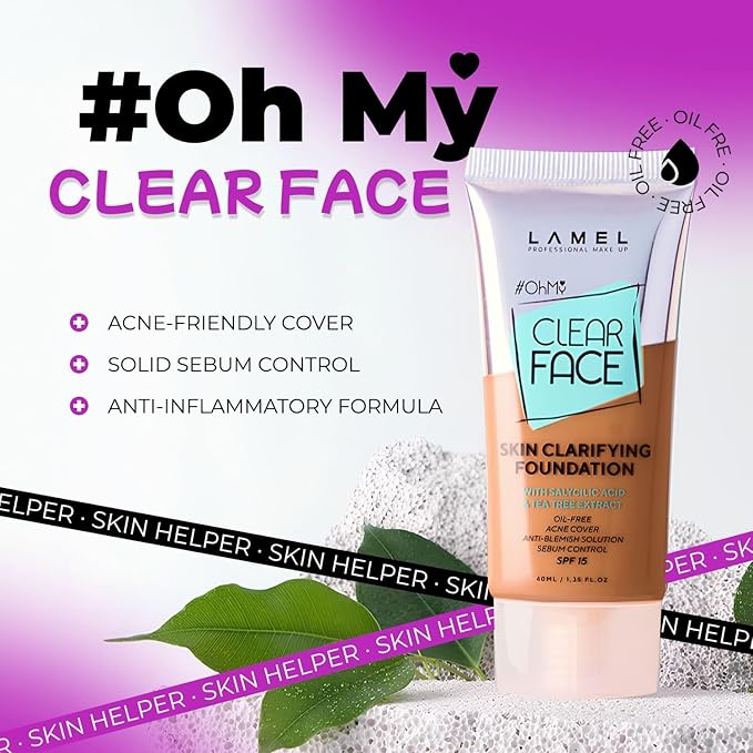 LAMEL OhMy Clear Face Full Coverage Foundation - Acne Coverage - Salicylic Acid & Tea Tree Extract - Dewy & Flawless Finish - Sensitive Skin Care - Organic & Oil-Free - 409, 1.35 fl.oz