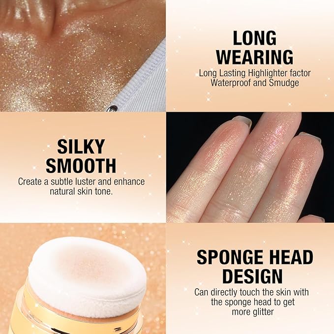 Glitter Body Highlighter Powder Body Shimmer Sparkle Face Brightening Highlighter Powder for Face Eyes Body Glow Makeup With sponge head（ Golden）