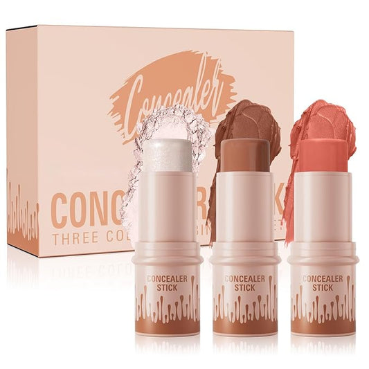 3Pcs Contour Stick Set，3 Colors Contour Stick Makeup Set， Long-Lasting Waterproof Concealer Stick Kit，Cream Blush & Highlighter Bronzer Pen (SET-C)
