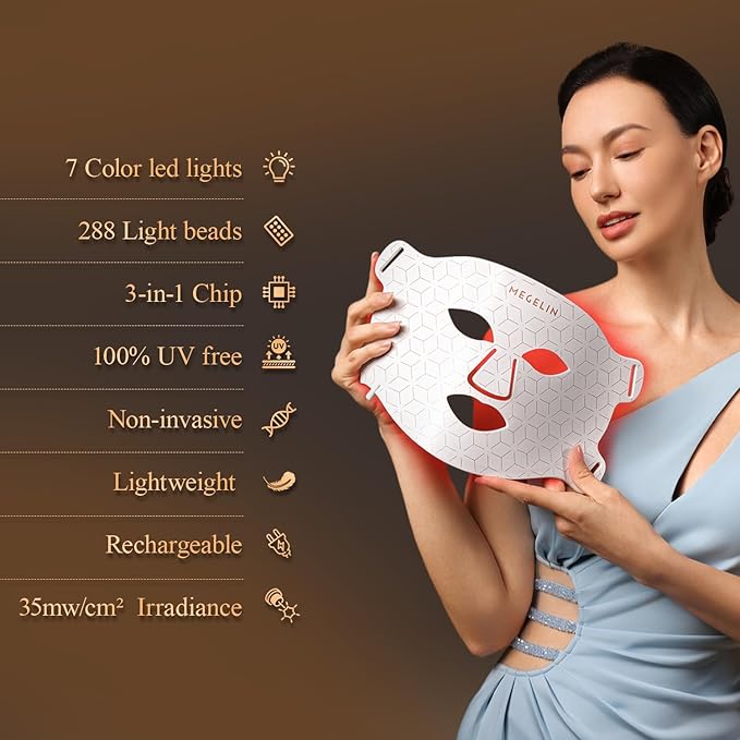 7 Colors Led Light Therapy Facial Mask, Face Light Therapy Mask for Face, Reduce Wrinkles Smooth Skin, Infrared Light Skin Rejuvenation(White)