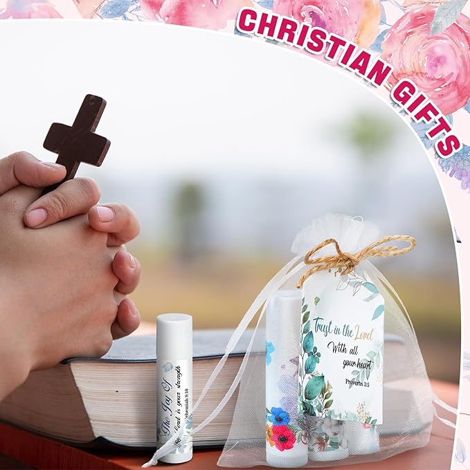 50 Sets Christian Gifts Bulk Lip Balms for Women Honey Religious Scripture Bible Verse Lip Balm Inspirational Motivational Thank you Gifts Floral Church Sunday School Party Favors