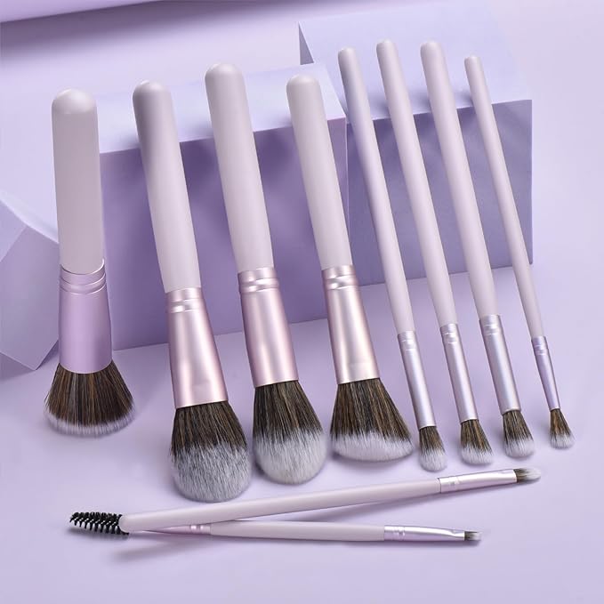10 Piece Purple Makeup Brushes Set and 3 Piece Makeup Sponge - Wooden Handle with Soft Synthetic Bristles, for Face & Eye Makeup | Professional Cosmetic Brushes | Includes Travel Pouch