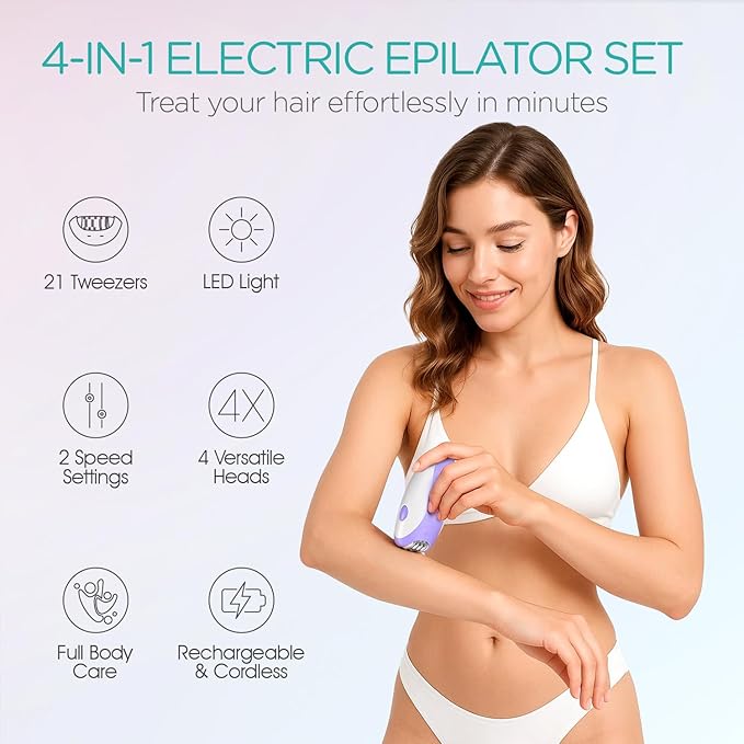 Epilator for Women-Cordless Epilators Hair Removal for Women, 4-in-1 Electric Razor Hair Remover, 2 Speeds & 21 Tweezers for Face Legs Arms Armpit Bikini, Purple HR310