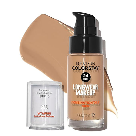 Revlon Liquid Foundation, ColorStay Face Makeup for Combination & Oily Skin, SPF 15, Medium-Full Coverage with Matte Finish, Rich Tan (350), 1.0 oz