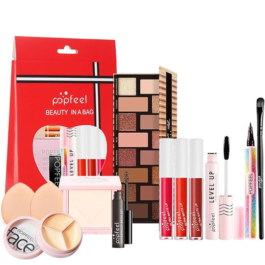 All-in-one Holiday Makeup Gift Set | Full Makeup Kit for Women Multipurpose Essential Bundle Include Eyeshadow Palette Lipstick Blush Concealer Face Powder Eyeliner Mascara Lipgloss Brush