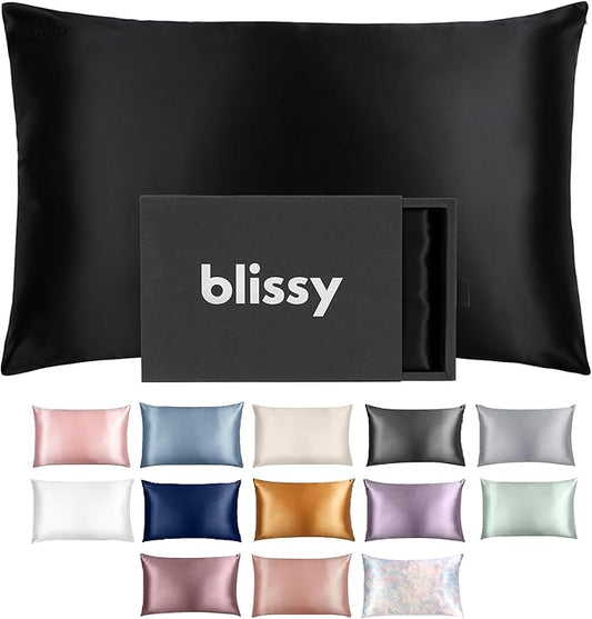 Blissy Silk Pillowcase - 100% Pure Mulberry Silk - 22 Momme 6A High-Grade Fibers - Silk Pillow Cover for Hair & Skin - Regular, Queen & King (Black, Standard)
