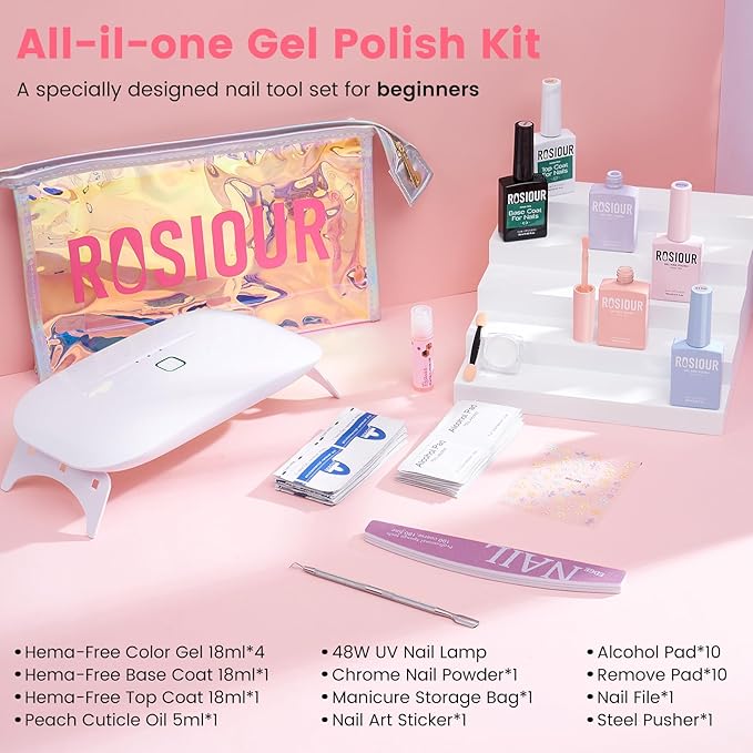 Gel Nail Polish Kit with U V Light, Hema-Free Light Baby Pink Blue Purple Nude Pink Summer Gel Polish Set with Base & Top Coat Chrome Nail Powder, 4 Colors Mini Salon Nail Art Starter Gift for Women