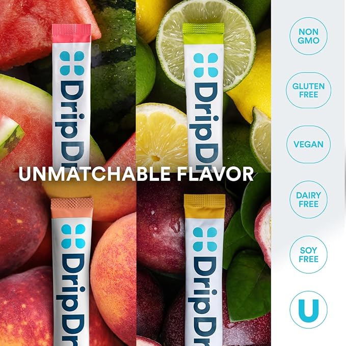 DripDrop Sugar Free Hydration Packets - Zero Classic Variety Pack - Single Serve Electrolytes Powder Drink Mix - Lemon Lime, Watermelon, Peach, Passion Fruit - Non-GMO, Gluten Free, Vegan - 32 Sticks