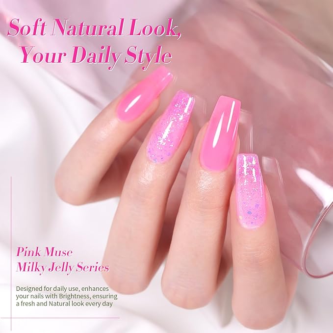 Born Pretty Jelly Gel Nail Polish Set - Milky Jelly Hot Pink Translucent Gel Polish - Spring Summer Neon Pink Valentine's Day Gift 6PCS