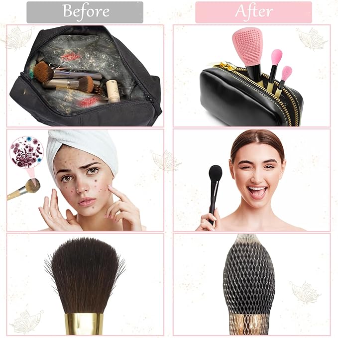 Silicone Travel Make-up Brush Holder with Cleaner Mat Pad, Organizer Case Covers for Foundation Eye Lip Brushes Storage Cleaning, Gift for Women Girl-friend Mother Wife, 5-Pcs Large + 7 Small, Pink
