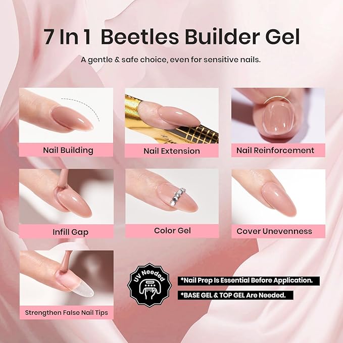 Beetles Builder Gel for Nails, 7 in 1 Nude Brown Colored Strengthener Gel in a Bottle for Nail Extension Nail Apex Building UV LED Lamp Cured DIY at Home Beauty Gift Sets for Women,Base Coat Need
