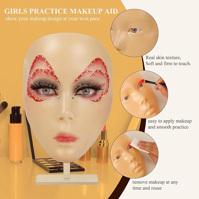 Makeup Practice Face, Eye Makeup Practice Head Silicone, Makeup Practice Accessories Set with Face Painting Mannequin Head, Makeup Brushes, Face Painting and Eyebrow Pen, Makeup Practice Gift, Yellow