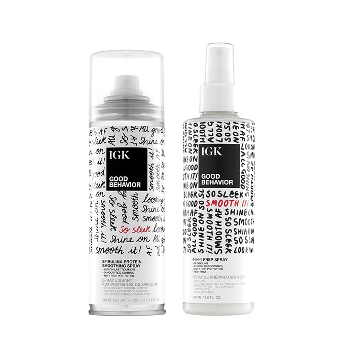 IGK GOOD BEHAVIOR Smoothing Frizz Fighters Set | 4-in-1 Prep Spray + Spirulina Protein Smoothing Spray | Frizz Control + Heat Protectant | Vegan + Cruelty Free