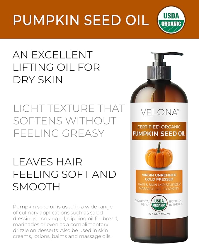 velona Pumpkin Seed Oil USDA Certified Organic - 16 Fl Oz | 100% Pure and Natural Carrier Oil | Unrefined, Cold Pressed | Cooking, Face, Hair, Body & Skin Care | Use Today - Enjoy Result