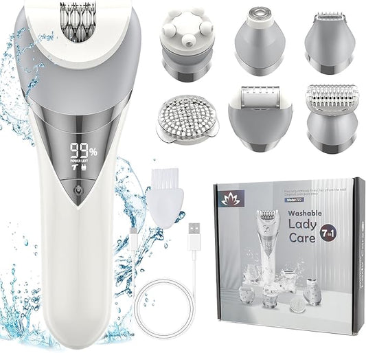 Epilator for Women, 7 in 1 Epilator Hair Removal for Women, Shaver, Bikini, Face Razor, Facial Brush, Face Massage and Body Exfoliator, IPX6 Waterproof Painless Lady Shaver Wet & Dry (White)