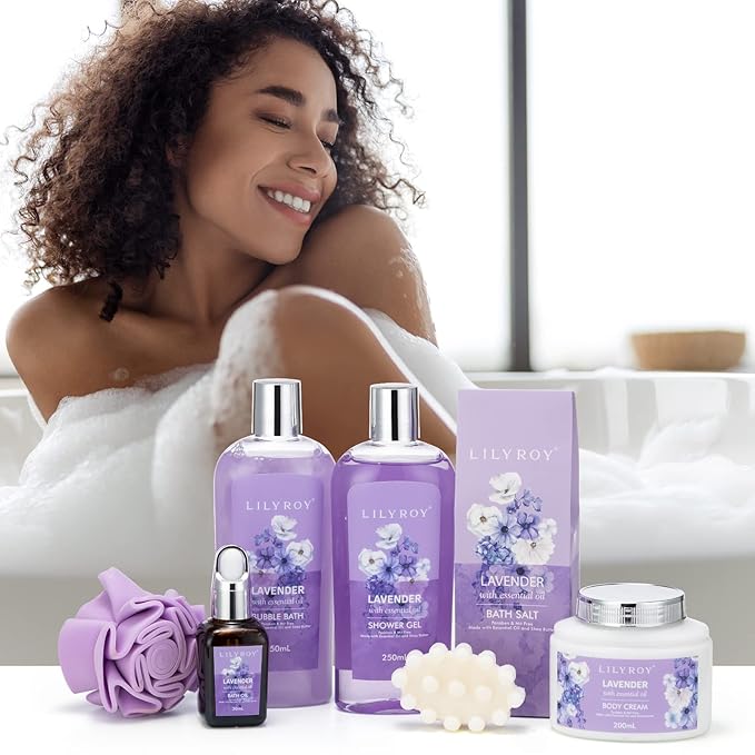 Mothers Day Gifts for Mom - 8 Pcs Lavender Bath & Body Gift Set for Women, Spa Gift Basket with Bath Bomb | Christmas, Birthday Gifts, Self Care & Pampering Gifts for Her, All Occasion Holiday Present